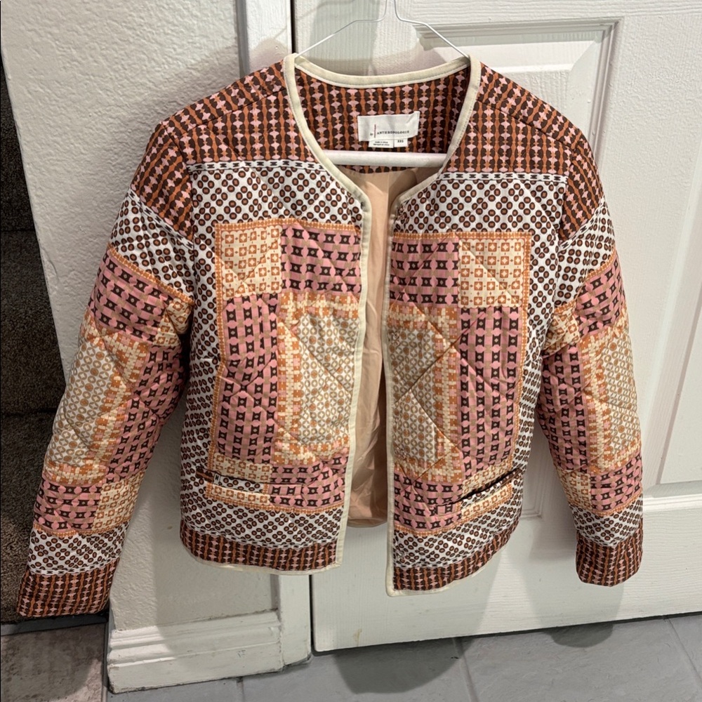Anthropologie Patchwork Quilted Jacket - Pink and Brown